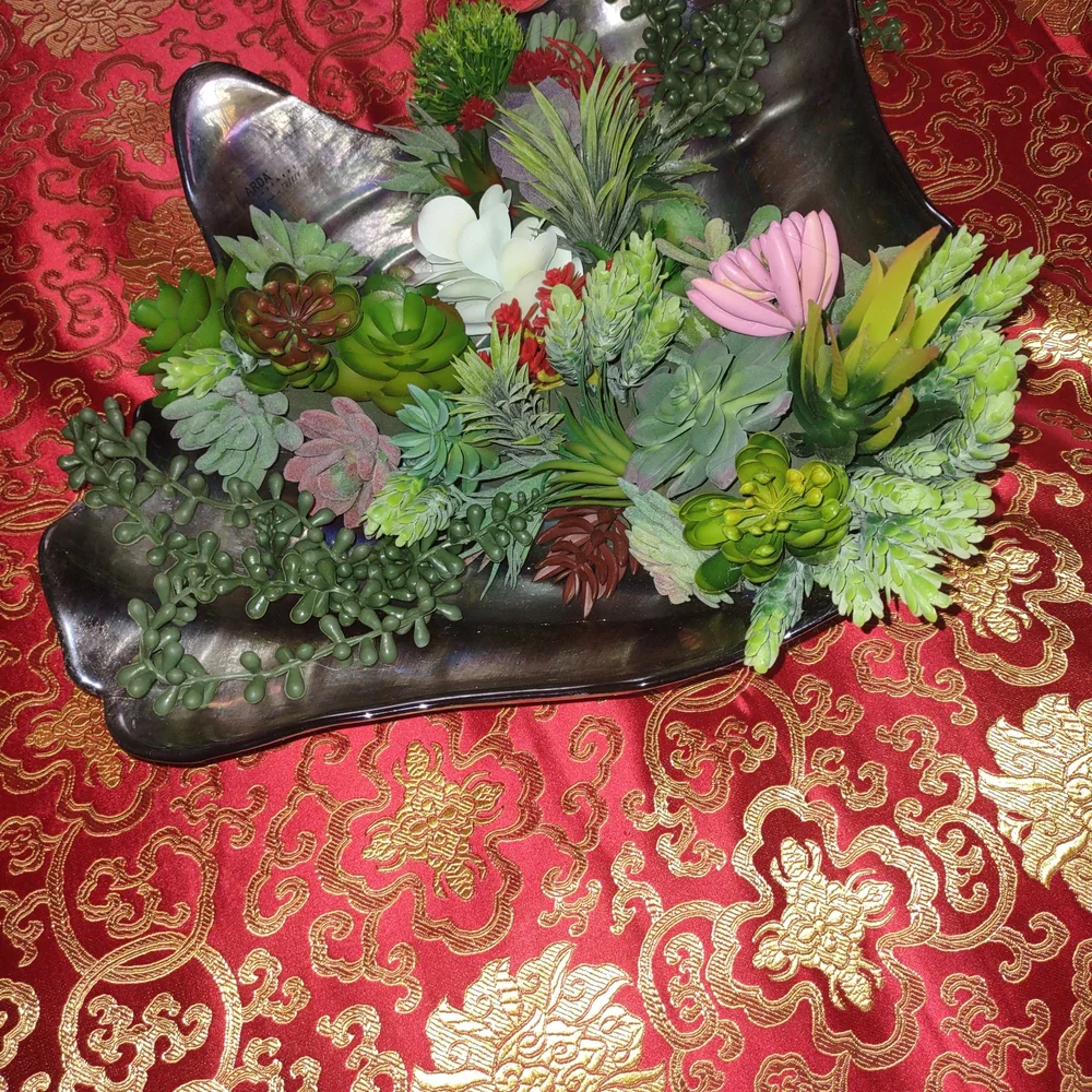 Centerpiece Silver Clamshell Bowl with Lush Green Faux Succulents